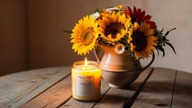 a candle and fresh cut flowers