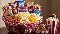 gift basket with popcorn and candy