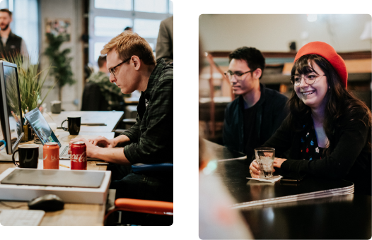 Collage of Male Designer Working on Computer and Female Employee Wearing Red Beret and Smiling at Work Event