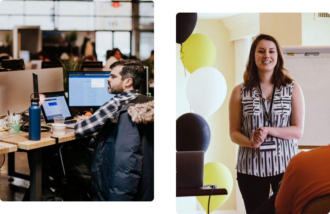 Collage of Male Programmer on Computer and Female Employee Giving Presentation