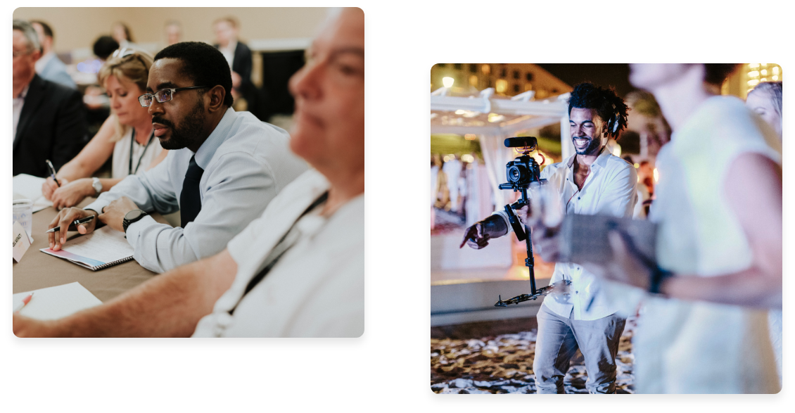 Collage of left photo of employee at work event and right photo of Videographer at Beach Event 