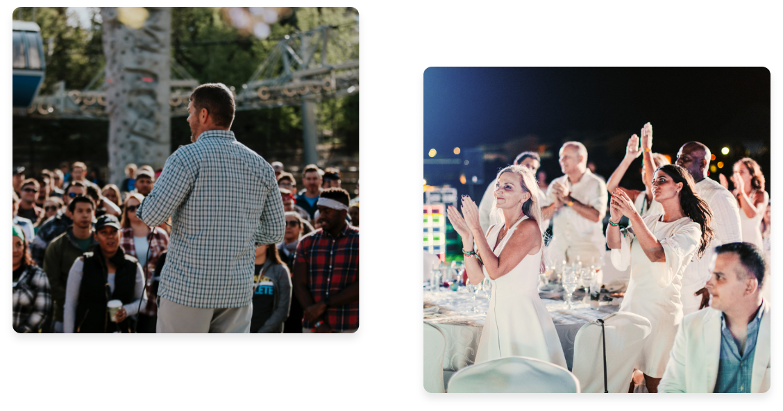 Collage with image of left of Dave Rice and image on right of people dancing at work event