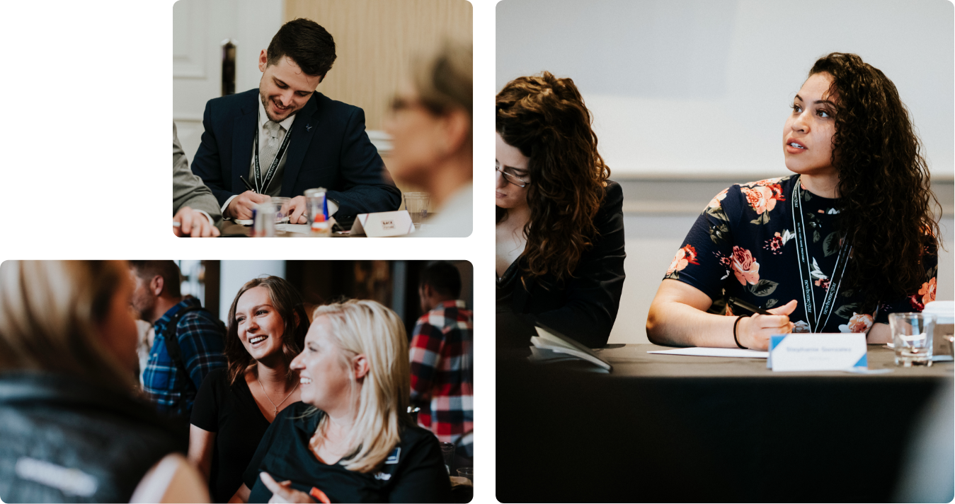 Collage of Employees Socializing and Taking Notes During a Presentation